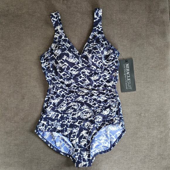 Miraclesuit Women's Blue & White Wrap V-Neck Surplice One Piece Swimsuit Sz 12 - Picture 1 of 14
